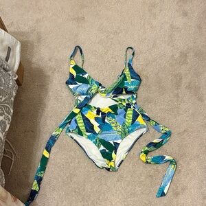 Aerie Tropical Print One Piece Swimsuit - Blue, Green, Yellow Ties in back